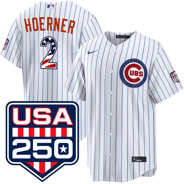 Mens Chicago Cubs #2 Nico Hoerner Nike White USA 250 Fourth of July Home Stadium Jersey