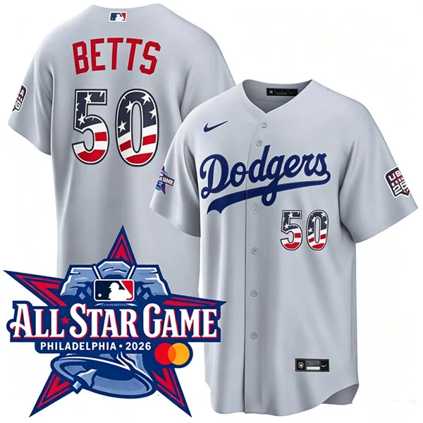 Mens Los Angeles Dodgers #50 Mookie Betts Nike Gray 2026 All-Star Edition Stars & Stripes Stadium Jersey