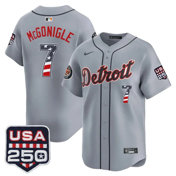 Men's Detroit Tigers #7 Kevin McGonigle Nike Gray USA 250 Fourth of July Road Stadium Jersey