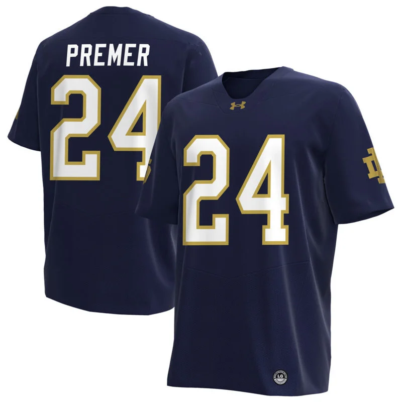 Notre Dame Fighting Irish #24 Ian Premer Navy with Name Football Jersey