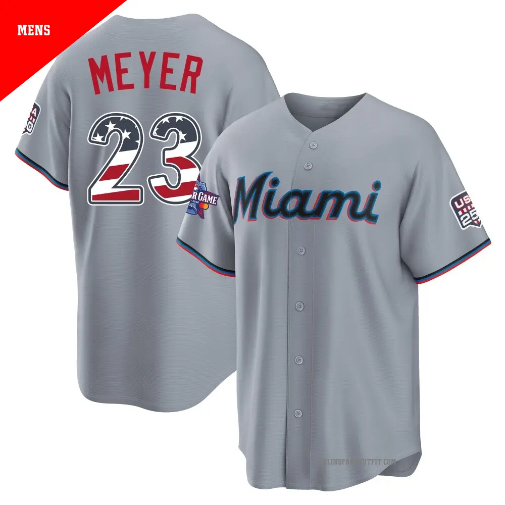 Mens Miami Marlins #23 Max Meyer Gray USA 250 Fourth of July Home Stadium Jersey