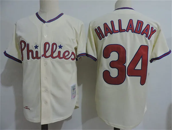 Mens Philadelphia Phillies #34 Roy Halladay Cream 2010 Cooperstown Throwback Jersey