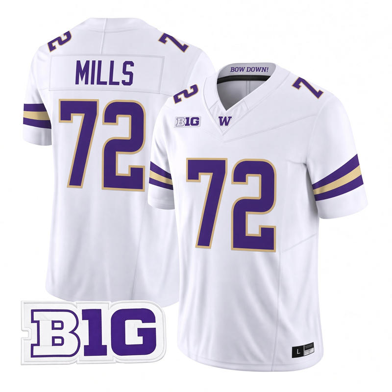 Washington Huskies #72 John Mills 2026 White Football Game Jersey