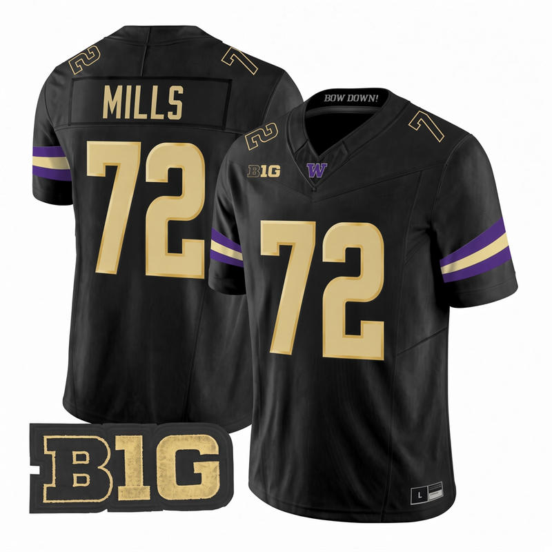 Washington Huskies #72 John Mills 2025 Black Football Game Jersey
