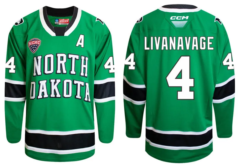North Dakota Fighting Hawks #4 Jake Livanavage 2026 Green College Hockey Game Jersey