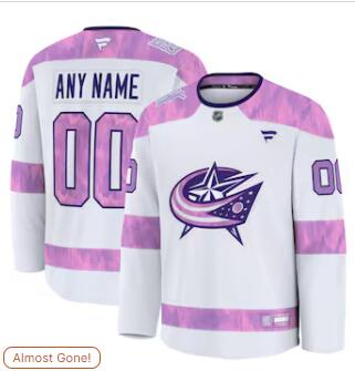 Men's Columbus Blue Jackets Custom Fanatics White 2024 Hockey Fights Cancer Practice Jersey