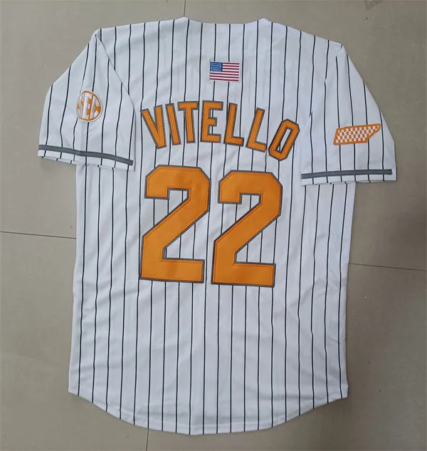 Tennessee Volunteers #22 Tony Vitello White Pinstripe T Logo with name Baseball Game Limited Jersey Tennessee Volunteers #22 Tony Vitello White Pinstripe T Logo with name Baseball Game Limited Jersey